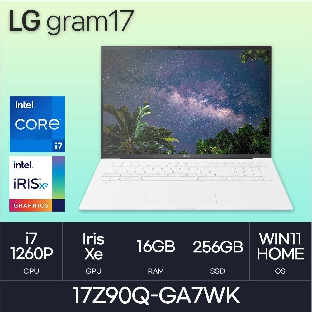 LG전자 HMC / LG전자 그램17 / 17Z90Q-GA7WK (D5 RAM 16GB / NVMe 256GB / WIN11H) / i7-1260P / 화이트 / 350nit