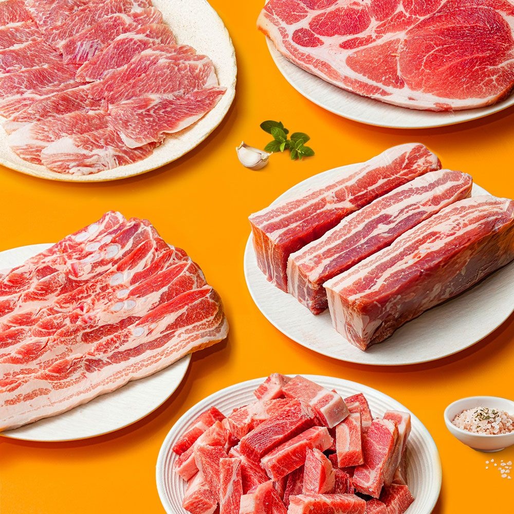 바른먹거리(주) 설렘한입 삼겹살 2kg 항정살 등갈비 듀록 수입 목전지 돼지갈비 가브리 냉동 구이 대패