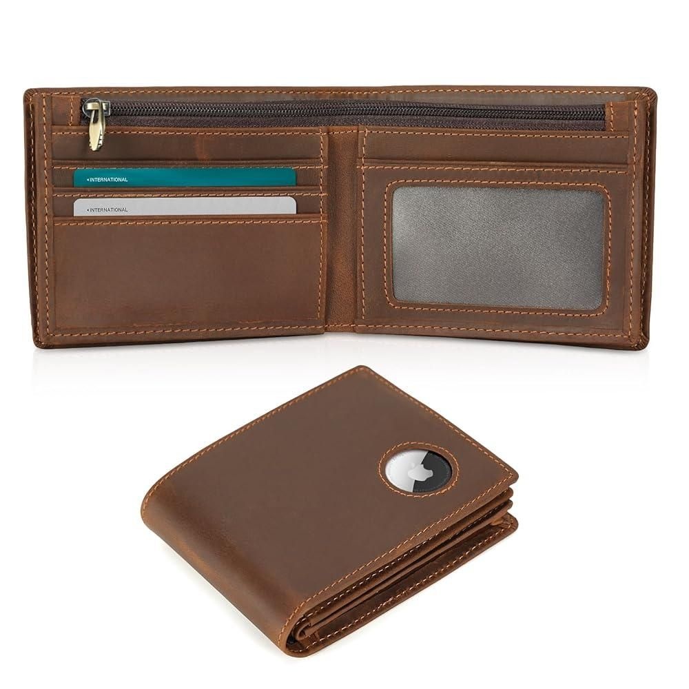 [POLARE ORIGINAL]Polare 남성용 RFID 차단 카우보이 천연 크레이지 호스 가죽 바이폴드 지갑, 에어태그 슬롯이 있는 브라운-미디엄,