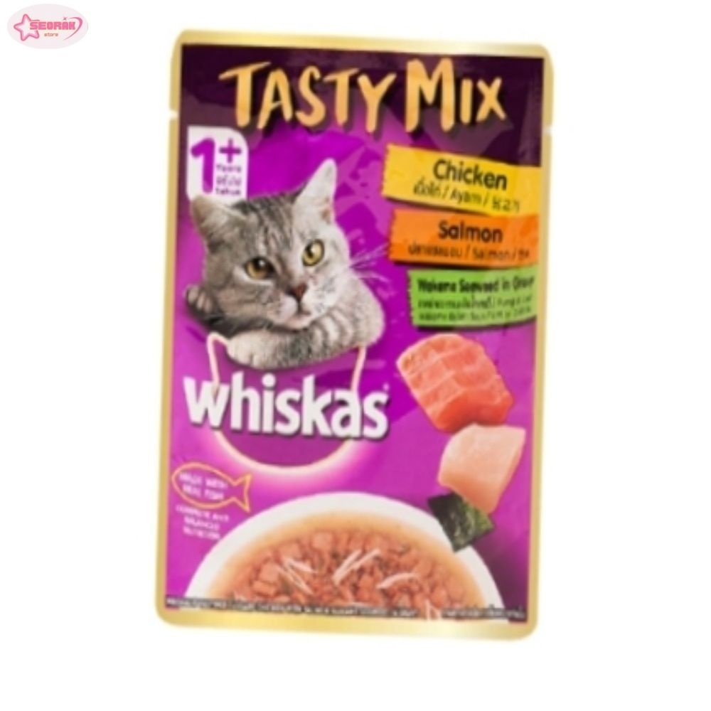 서락 위스카스 캣 파우치 테이스티 믹스 닭고기&연어&미역 그레이비 70g 애묘간식 고양이사료 닭고기연어미역간