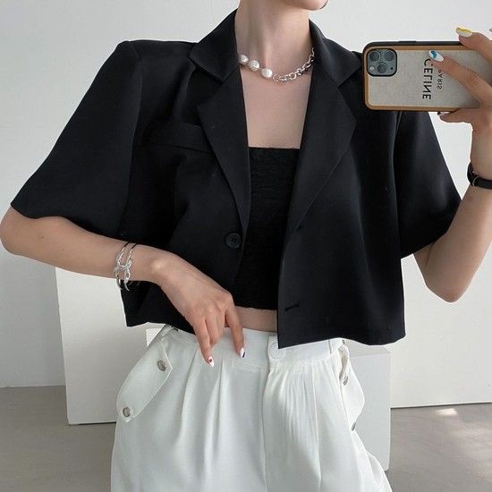 여자 여름 핏이 예쁜 스판 카라 싱글 크롭 숏 자켓 핏이 예쁜 재킷 썸머 아우터 모임룩 하객룩 오피스룩 결혼식