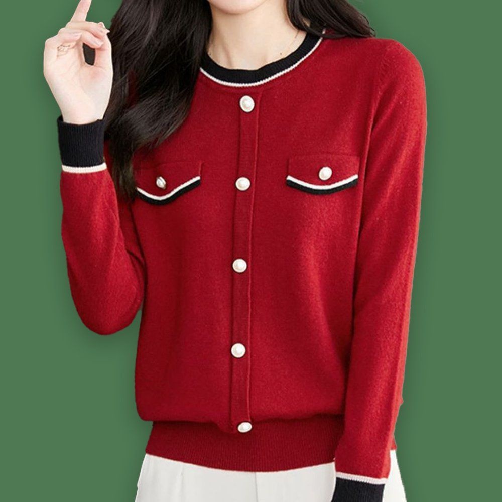 아이엠비오 IM 여자 봄 가을 진주 장식 라운드넥 니트 레드 여자봄니트 빨간니트