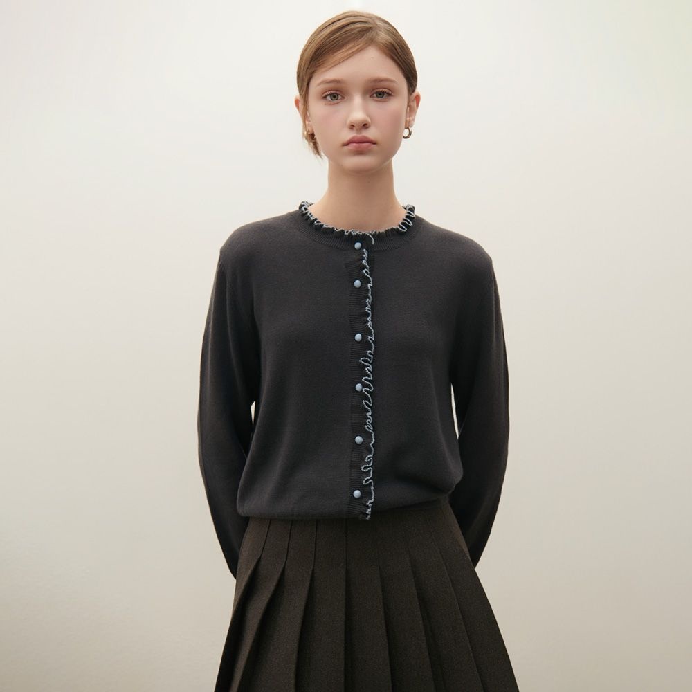 샤틴 배색 프릴 버튼 니트 가디건 O254T972