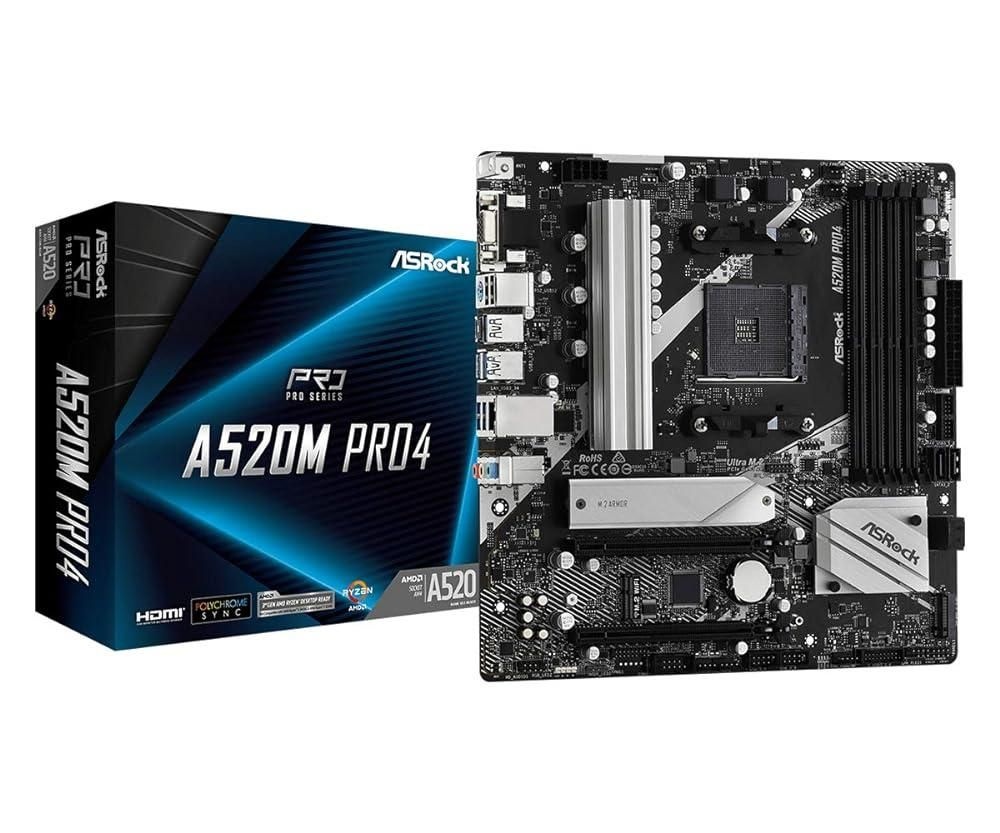 [해외] ASRock A520M Pro4 AMD Ryzen 3000/4000 시리즈 Soket AM4 A520 칩셋, 마이크로 ATX 마더보드와 호환 [국내 공인 딜러 제품]