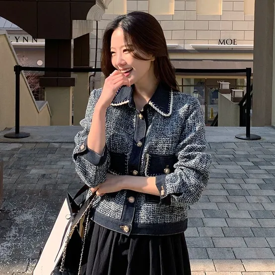 트리밍 데님 트위드 자켓