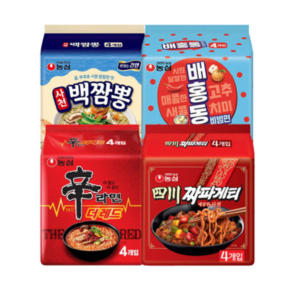 신라면 더레드 + 사천짜파게티 + 사천백짬뽕 + 배홍동비빔면 (총 16봉)