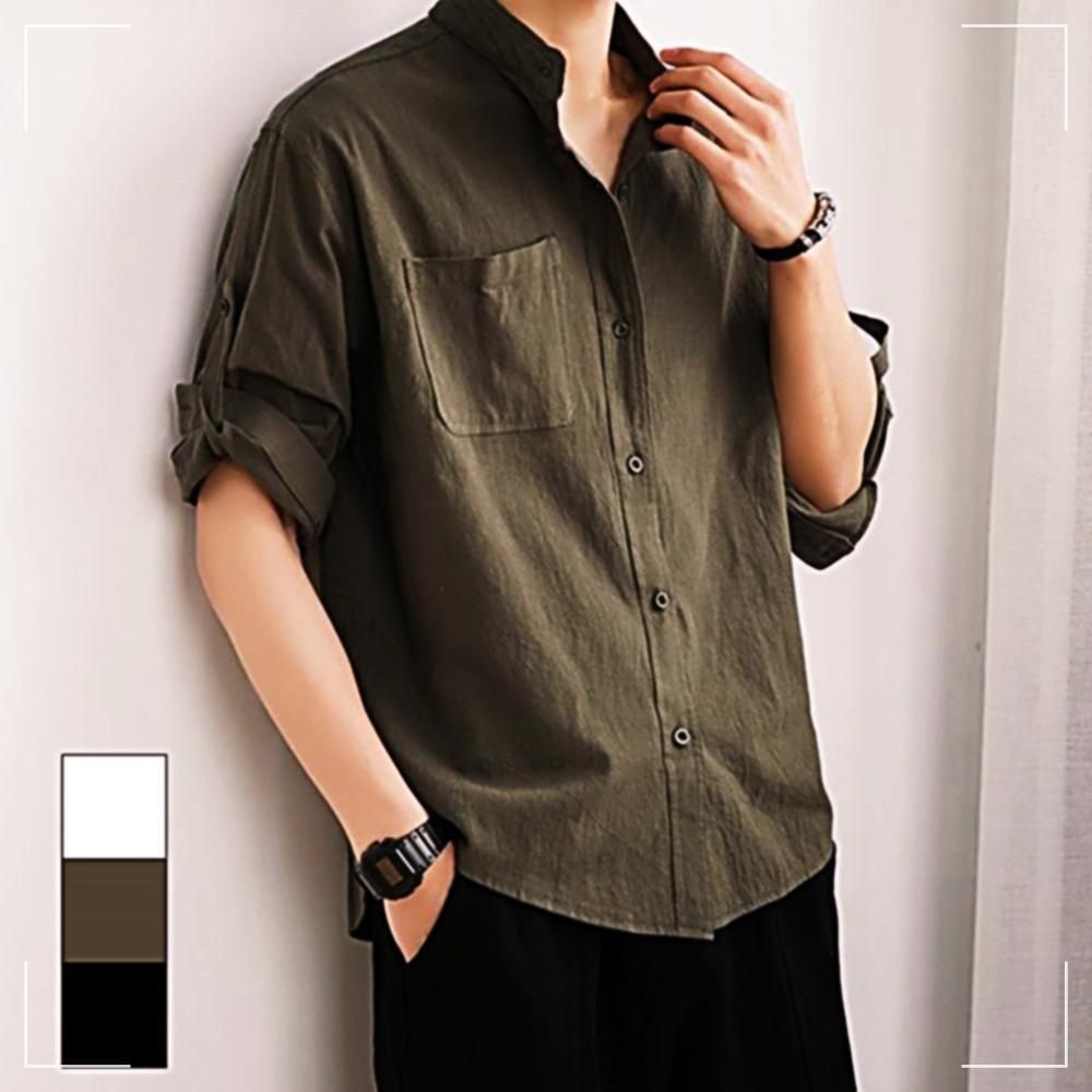 셔츠 데일리스타일링 남성 베이직 사무실 학교 차이나카라 7부린넨