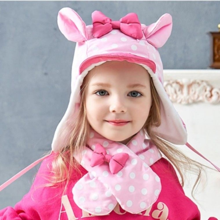 미니마우스 핑크 여아 패딩모자+목도리 세트 아동 겨울 방한 모자 넥워머 귀달이모자