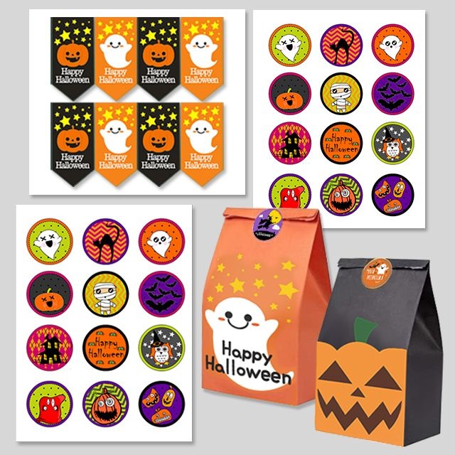 할로윈 종이 포장봉투 사탕 쿠키 초콜릿 구디백 간식 포장 호박 유령 거미 해골 스티커