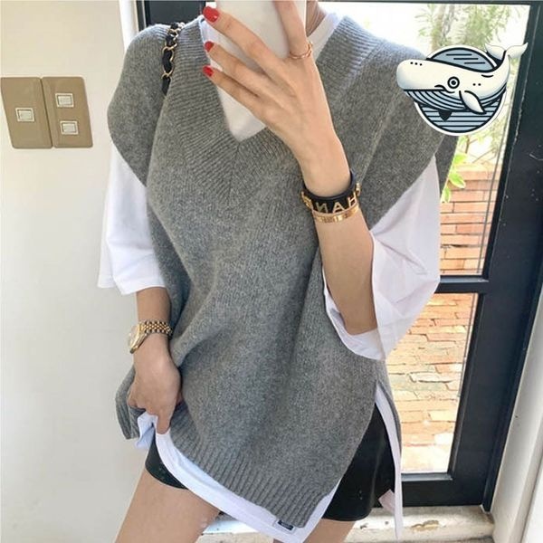 [하프클럽]모노무드 모던 브이넥 니트 조끼 쿨한 레이어드 체형보완