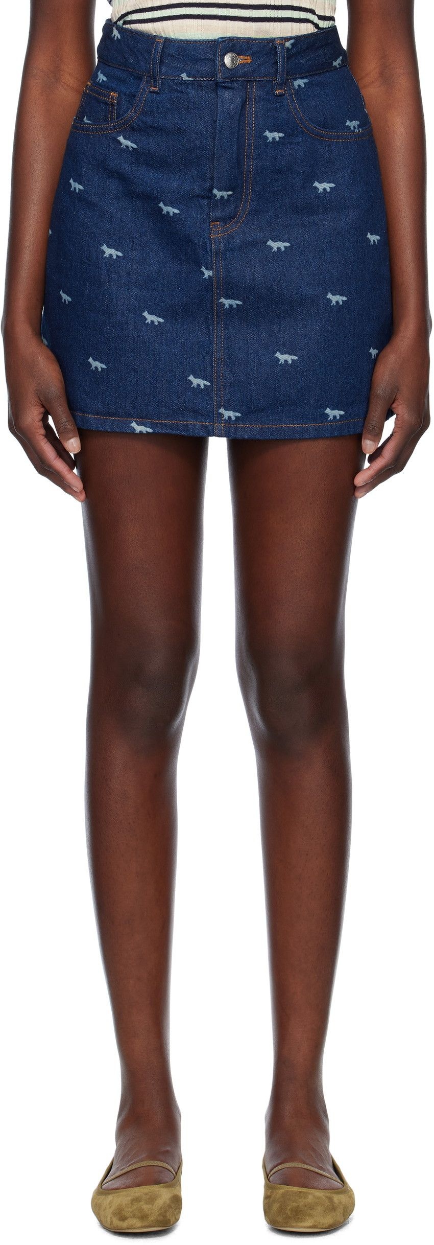 메종 키츠네 메종키츠네 [메종 키츠네] 블루 레이저 프린트 데님 미니 스커트 OW01501WD4014