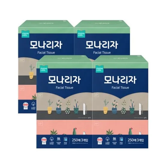 [모나리자] 모나리자 미용티슈 250매 3입 4개 총12입 천연펄프 각티슈
