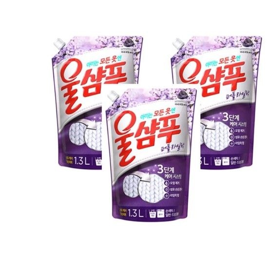 애경 1.3L 3개입 섬유세제 퍼플락세제 퍼플락 울샴푸1.3L리필 1.3L 울샴푸퍼플락 울마크