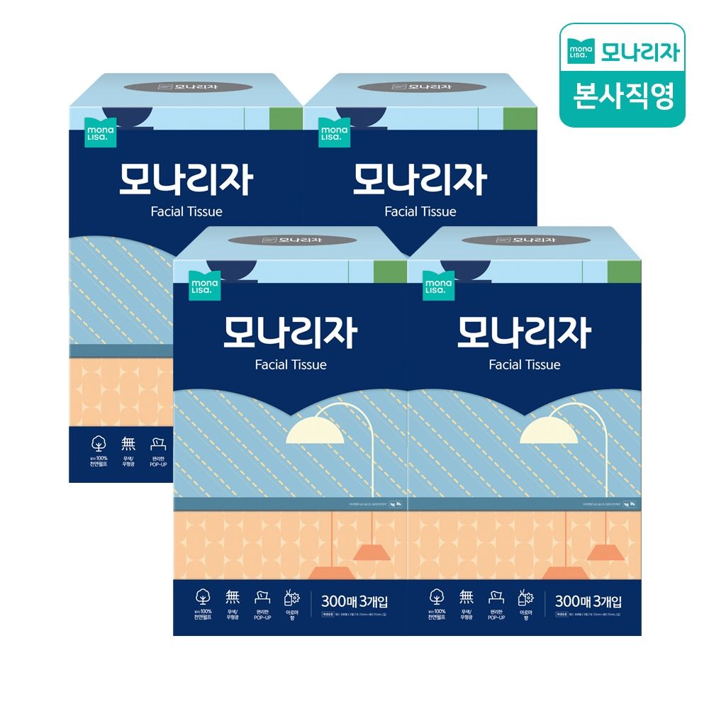 모나리자 미용티슈 300매 3입 4팩 (총12입) 무형광 천연펄프 곽티슈 각티슈