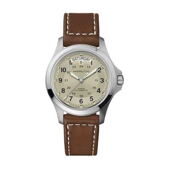 H64455523 카키 필드 킹 오토 남성 가죽 시계