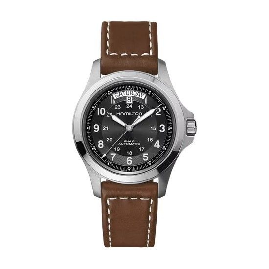 H64455533 카키 필드 킹 오토 남성 가죽 시계