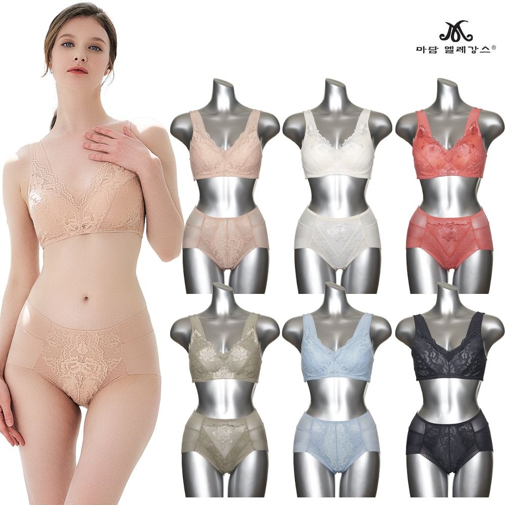마담 엘레강스 [방송히트]마담엘레강스001 편안한 빅사이즈 보정 노와이어 브라6종 팬티 6종 패키지(75A~100B)