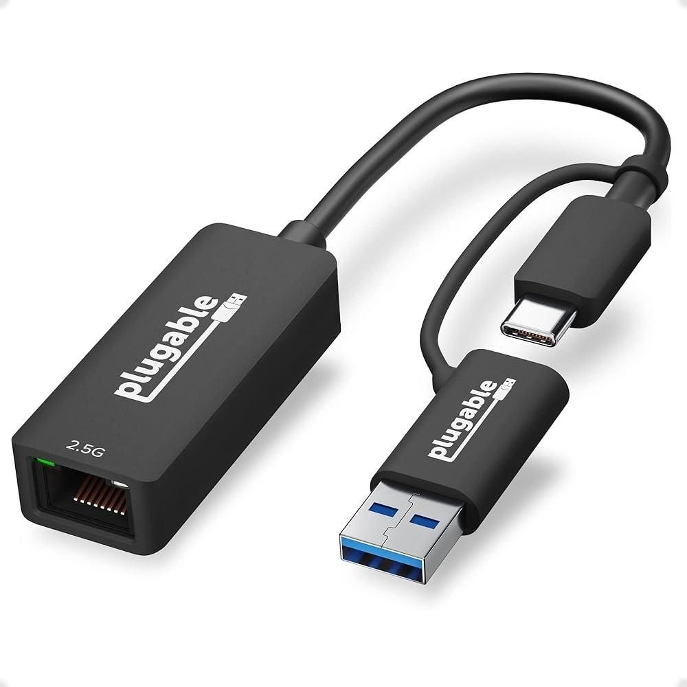 [해외] Plugable 2.5G USB-C 및 USB to 이더넷 어댑터 - 듀얼 커넥터 2-in-1 RJ45 2.5Gbps LAN, 썬더볼트 5 4, USB4, 3.0, 윈도우, 맥, 크롬OS,
