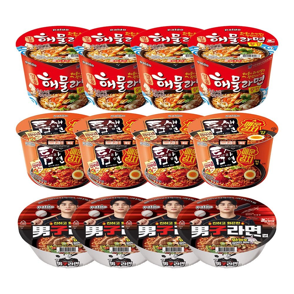 팔도 남자라면 컵라면x4개+틈새라면 매운김치x4개+해물왕컵x4개