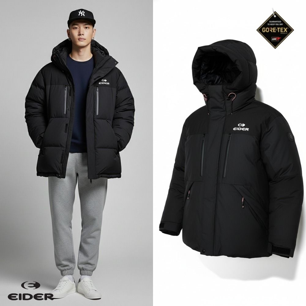 [백화점 출고] 아이더 구스 다운 남자 캄피로 윈드 스토퍼 헤비 자켓 블랙 고어텍스 후드 숏 패딩 점퍼