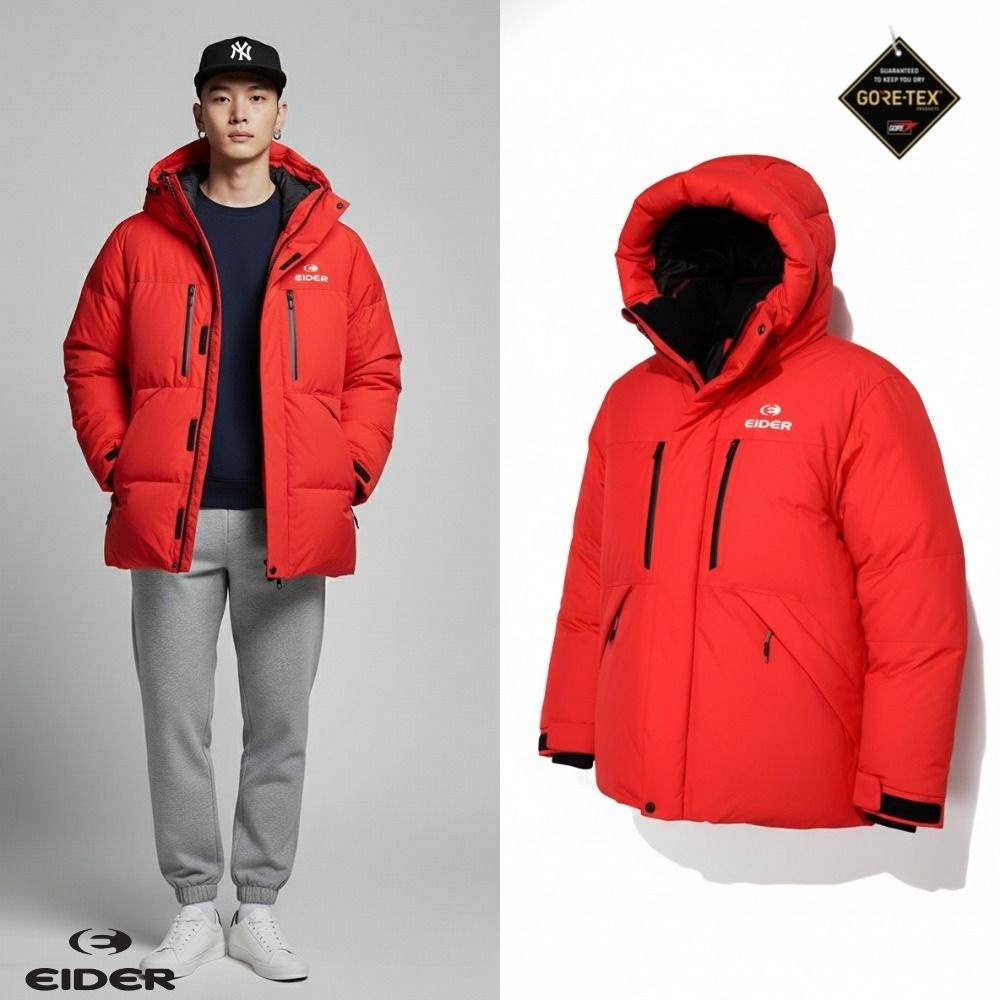 [백화점 출고] 아이더 구스 다운 남자 캄피로 윈드 스토퍼 헤비 자켓 레드 고어텍스 방풍 숏 패딩 점퍼
