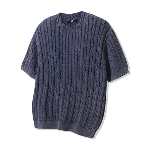 [정품] 트릴리온 티셔츠 반팔 셔츠 남방 TRILLION 빈티지 워싱 케이블 하프 슬리브 니트 [네이비 블루]