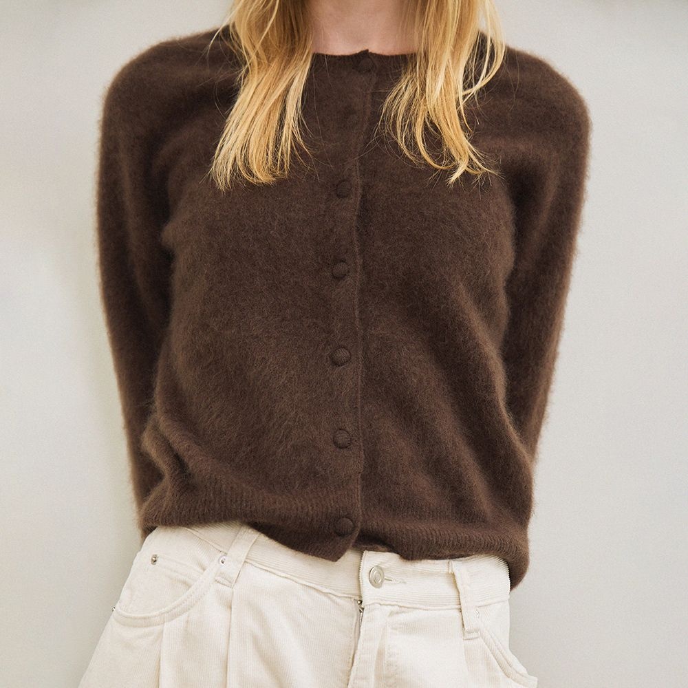 wool classic whole garment round neck cardigan (brown)