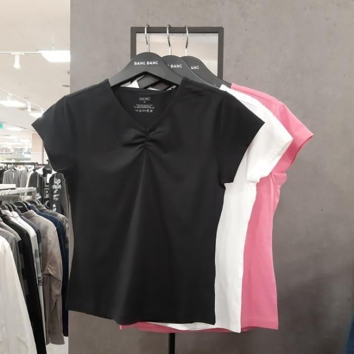 MS2A 뱅뱅 HC09 여성 V넥 가슴셔링 캡소매티셔츠  얇아서 늘어지는 소재가아닌 탄탄한 사계절 티셔츠 NTZ513