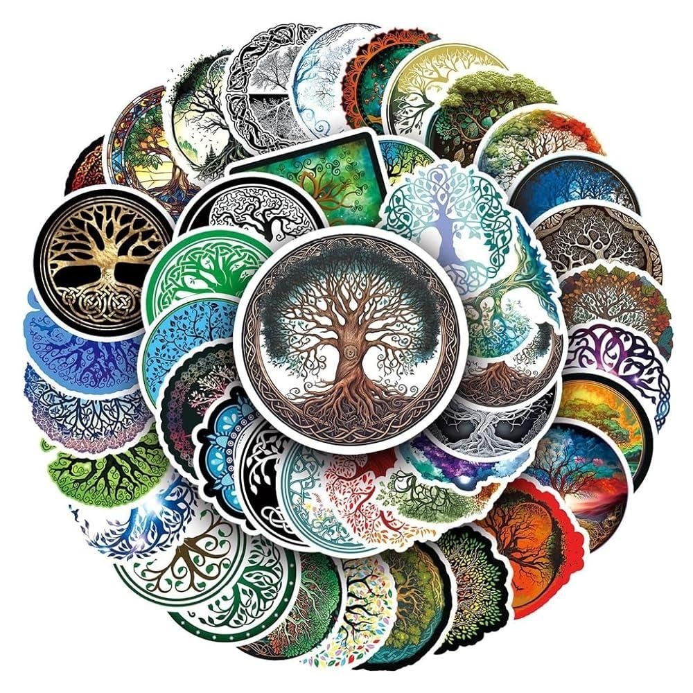 [Philo Fun]100피스 미적 생명의 나무 스티커, 북유럽 신화 이그드라실 토템 심볼 방수 데칼 하이드로 플라스크 노트북 물병