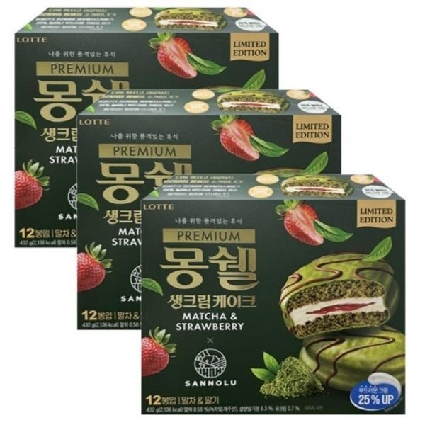 롯데제과 프리미엄 몽쉘 생크림케이크 말차딸기 432g 3개