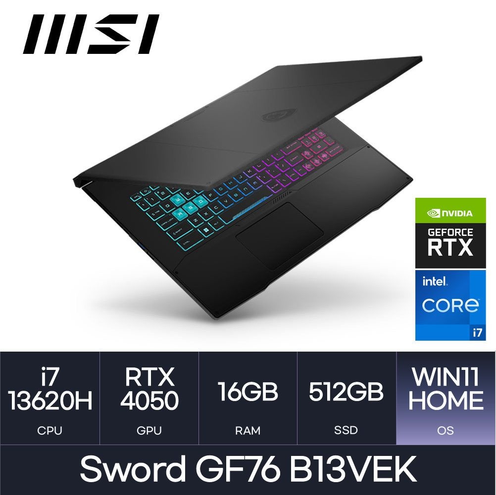 MSI MSI GF시리즈 소드 GF76 B13VEK RTX4050 (코어i7-13620H/D5 16GB/512GB/Window11) 마우스증정 HMC