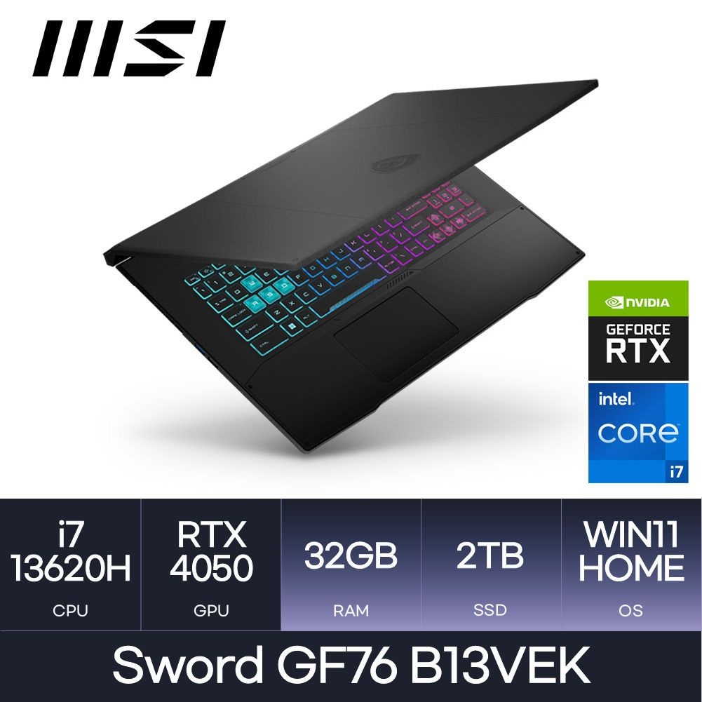 MSI MSI GF시리즈 소드 GF76 B13VEK RTX4050 (코어i7-13620H/D5 32GB/2TB/Window11) 마우스증정 HMC