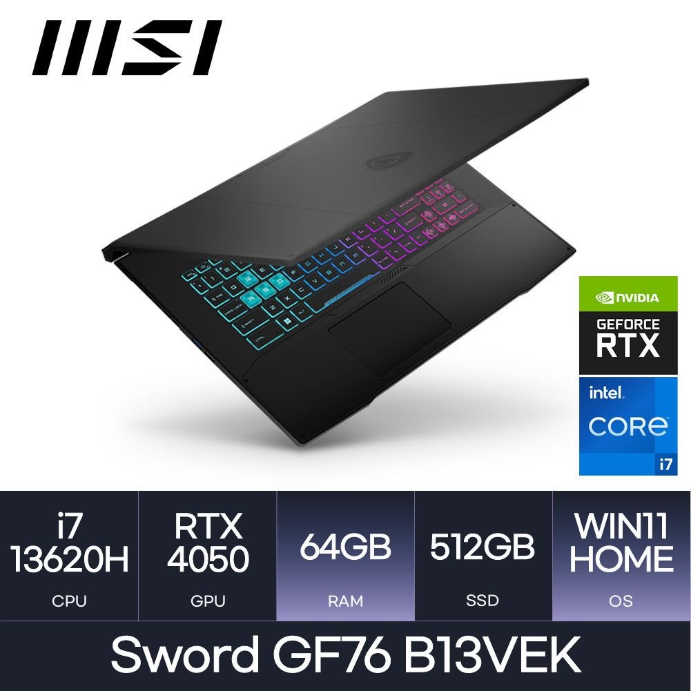 MSI MSI GF시리즈 소드 GF76 B13VEK RTX4050 (코어i7-13620H/D5 64GB/512GB/Window11) 마우스증정 HMC