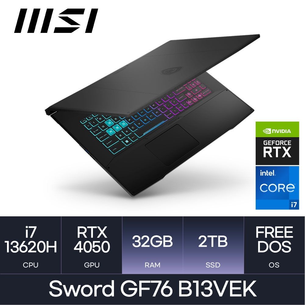 MSI MSI GF시리즈 소드 GF76 B13VEK RTX4050 (코어i7-13620H/D5 32GB/2TB/OS미탑재) 마우스증정 HMC