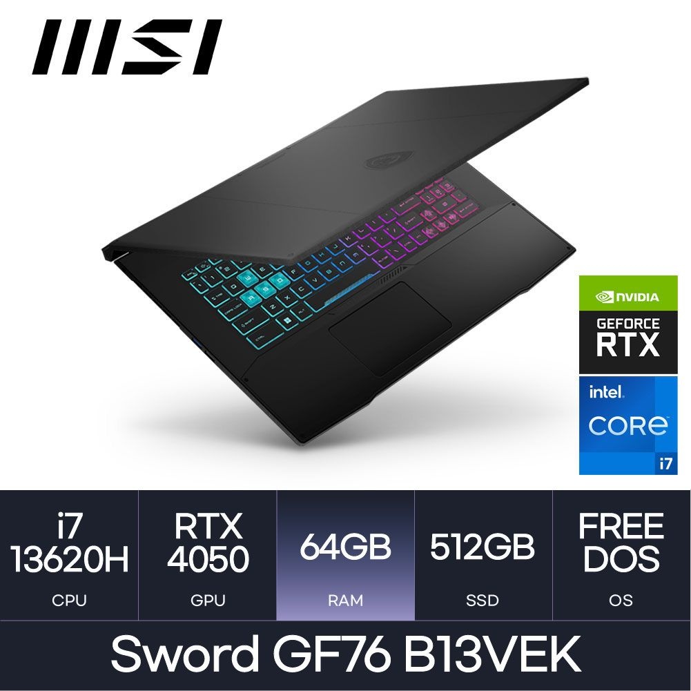 MSI MSI GF시리즈 소드 GF76 B13VEK RTX4050 (코어i7-13620H/D5 64GB/512GB/OS미탑재) 마우스증정 HMC