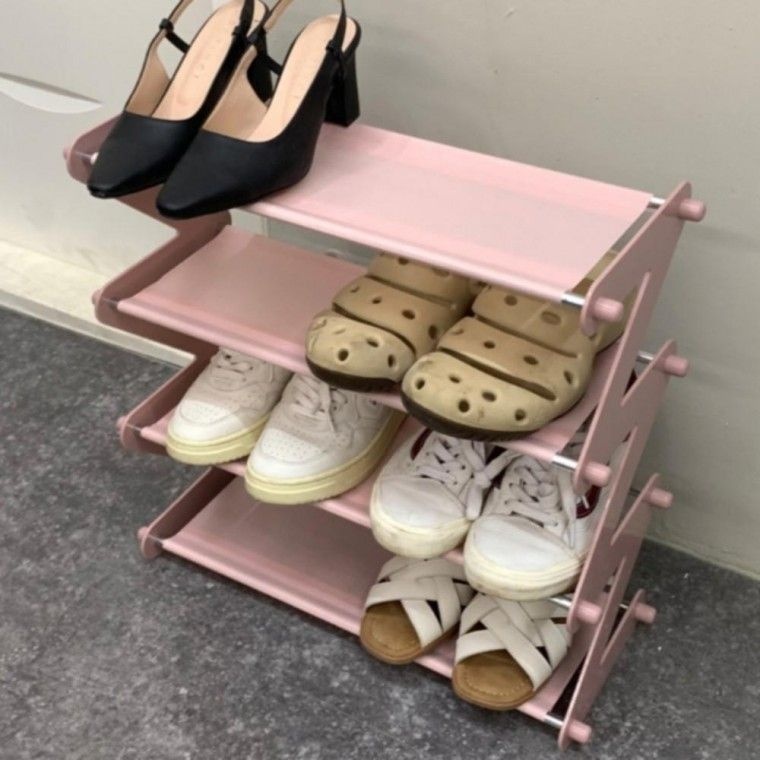 핑크 4단 미니 현관 신발정리대 신발장 선반 신발 수납정리대 슬림 거치대 좁은 간이