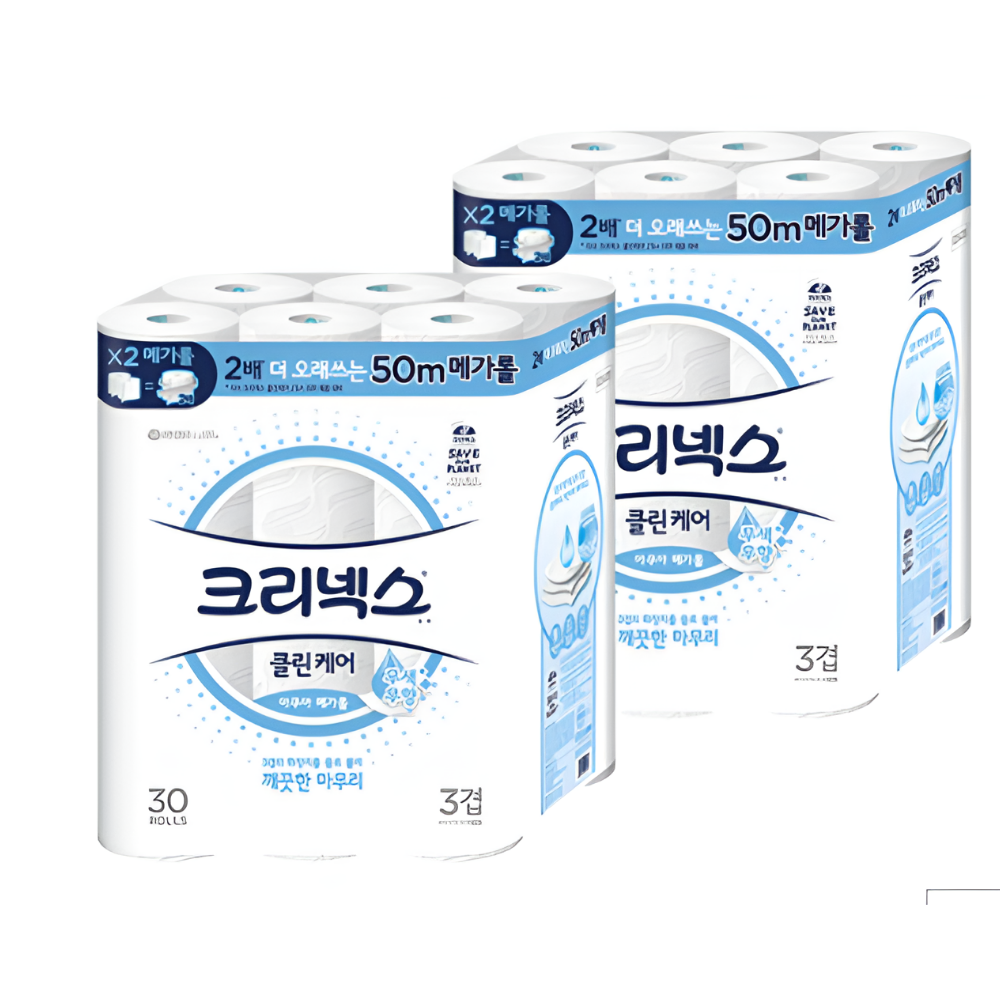 크리넥스 3겹 클린케어 아쿠아 메가롤 50m 30롤 2개