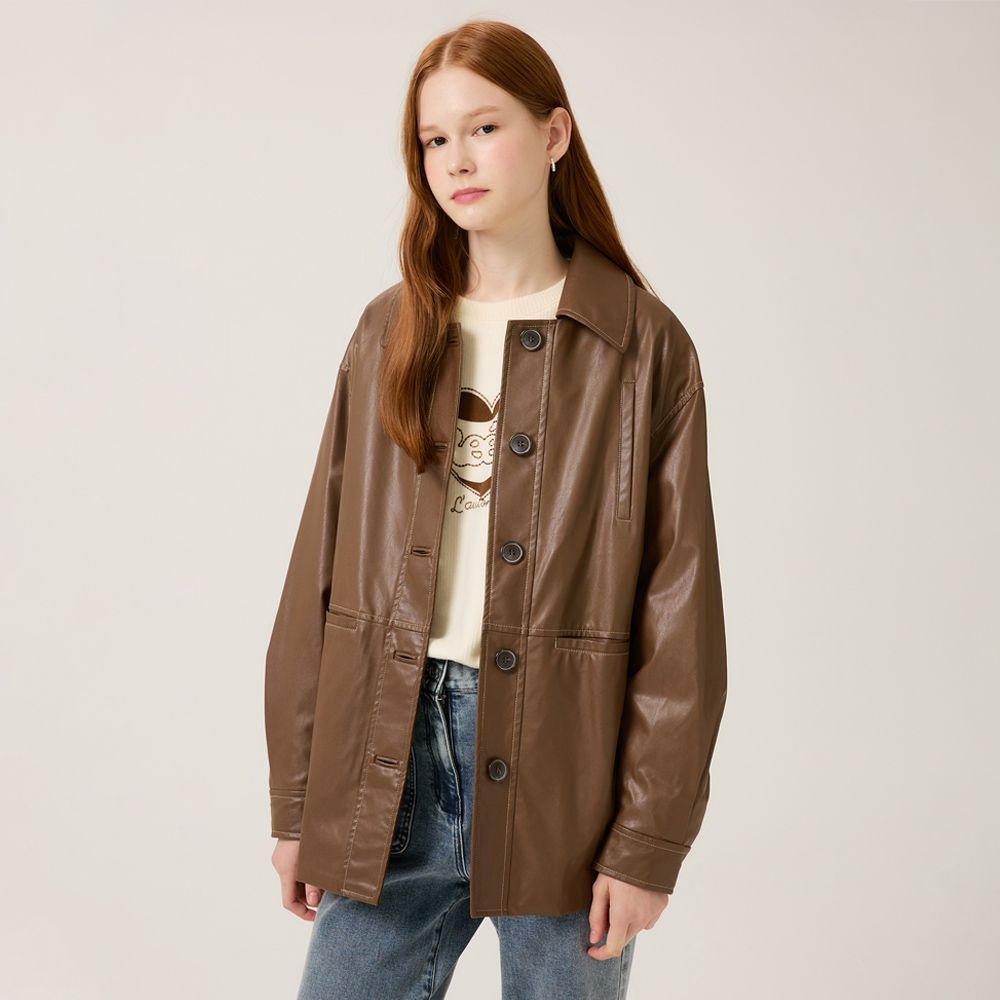 리에떼 collar long color stitch leather jacket- U1F32LJK020