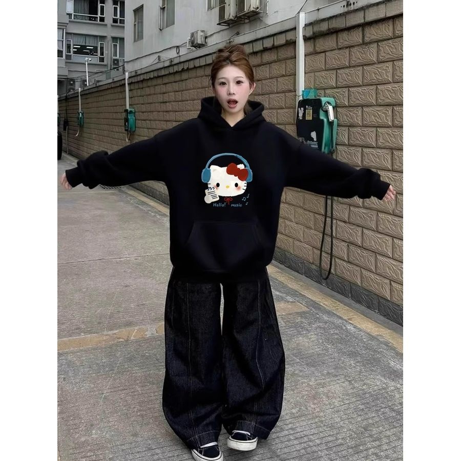 [해외] 가을 겨울 루즈핏  헤드셋 키티  블랙 후드티