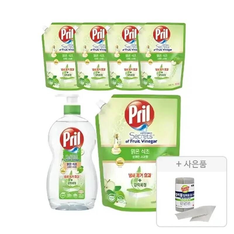프릴 시크릿오브 맑은식초 사과 700ml, 1개 + 리필 1L, 5개 + 증정 (버블버블 일회용 롤 수세미 28장(롤형),1개)