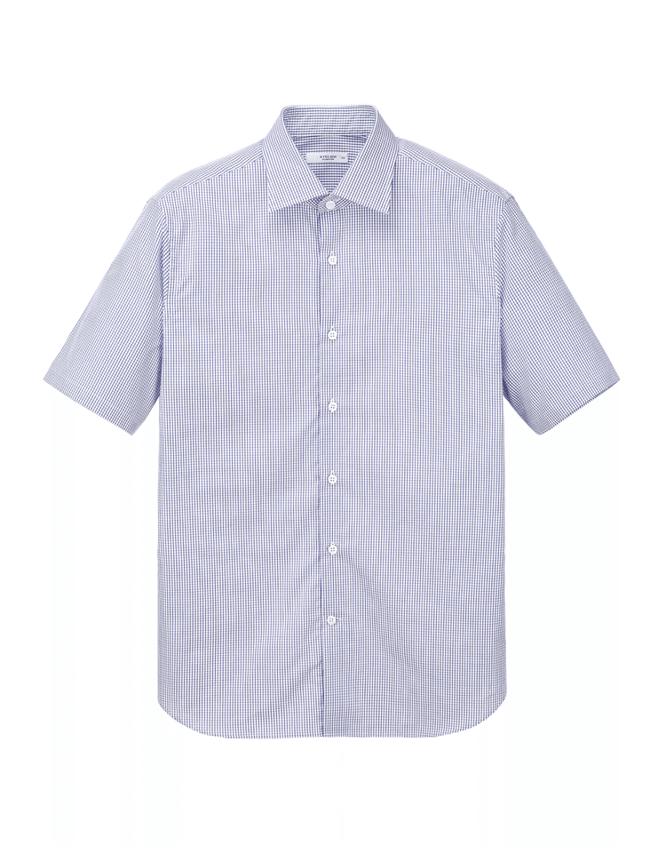 남성 ATELIER 네이비 면 체크 반팔 드레스셔츠-263189