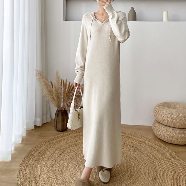 나인포시즌 [하프클럽]쥬린 니트 골지 후드 롱 원피스