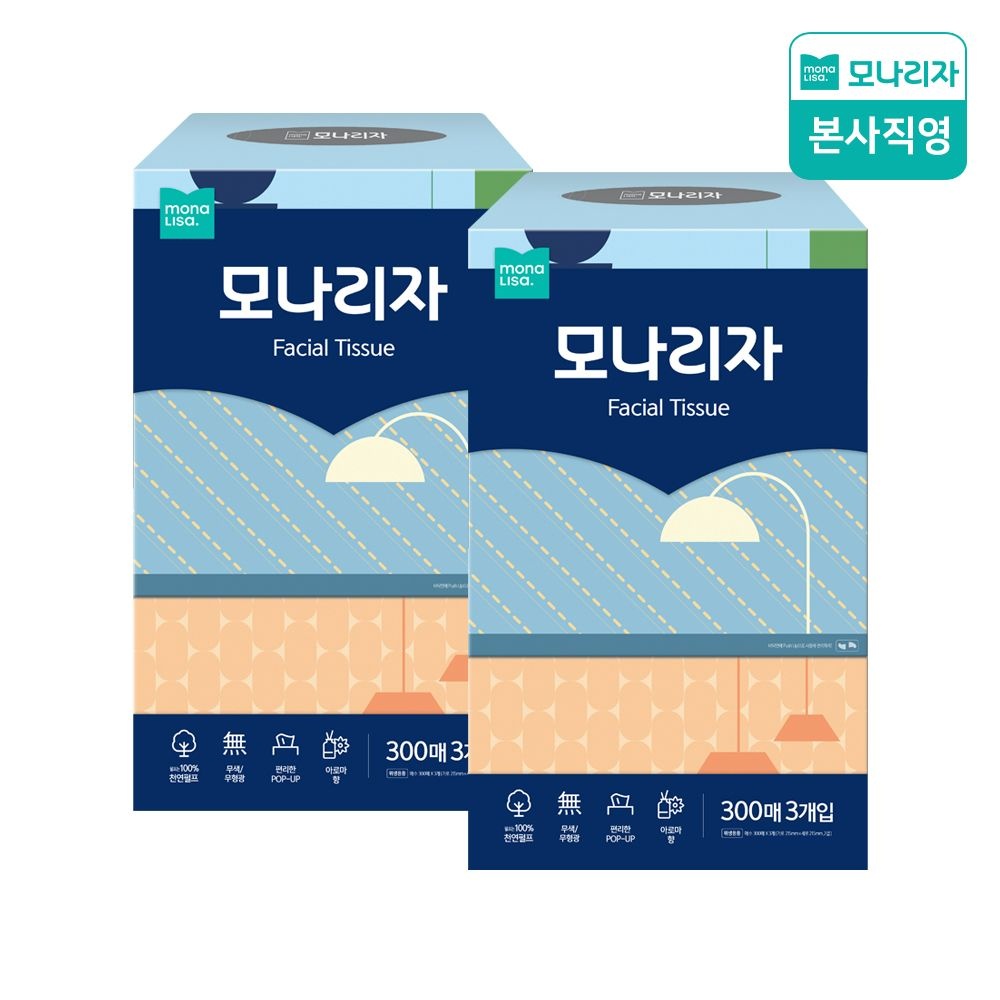 모나리자 미용티슈 300매 3입 2팩 (총6입) 무형광 천연펄프 곽티슈 각티슈