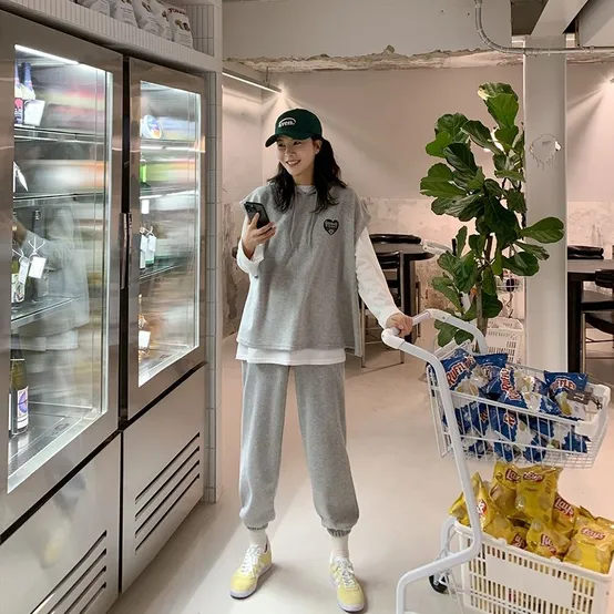 굿럭 후드베스트+이너티셔츠+조거팬츠 SET