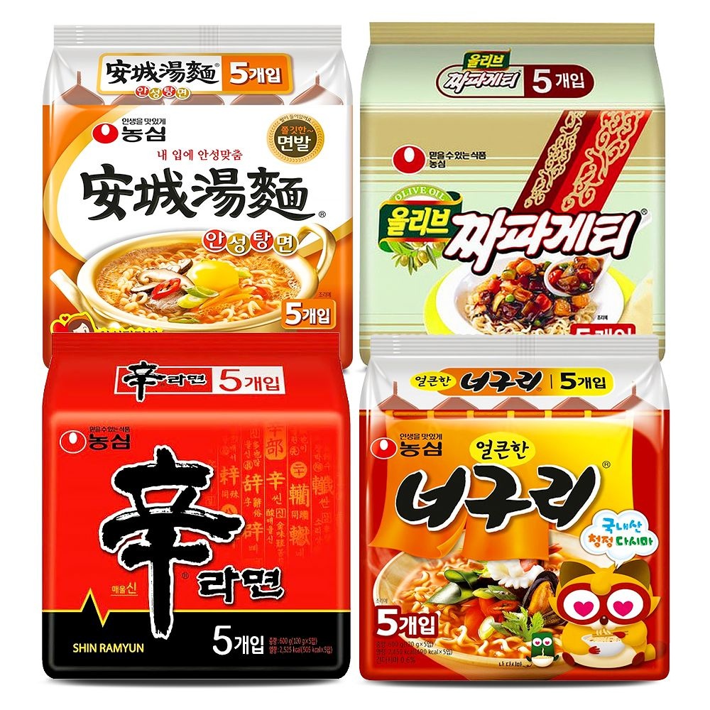 농심 신라면 5봉+짜파게티5봉+안성탕면5봉+너구리5봉