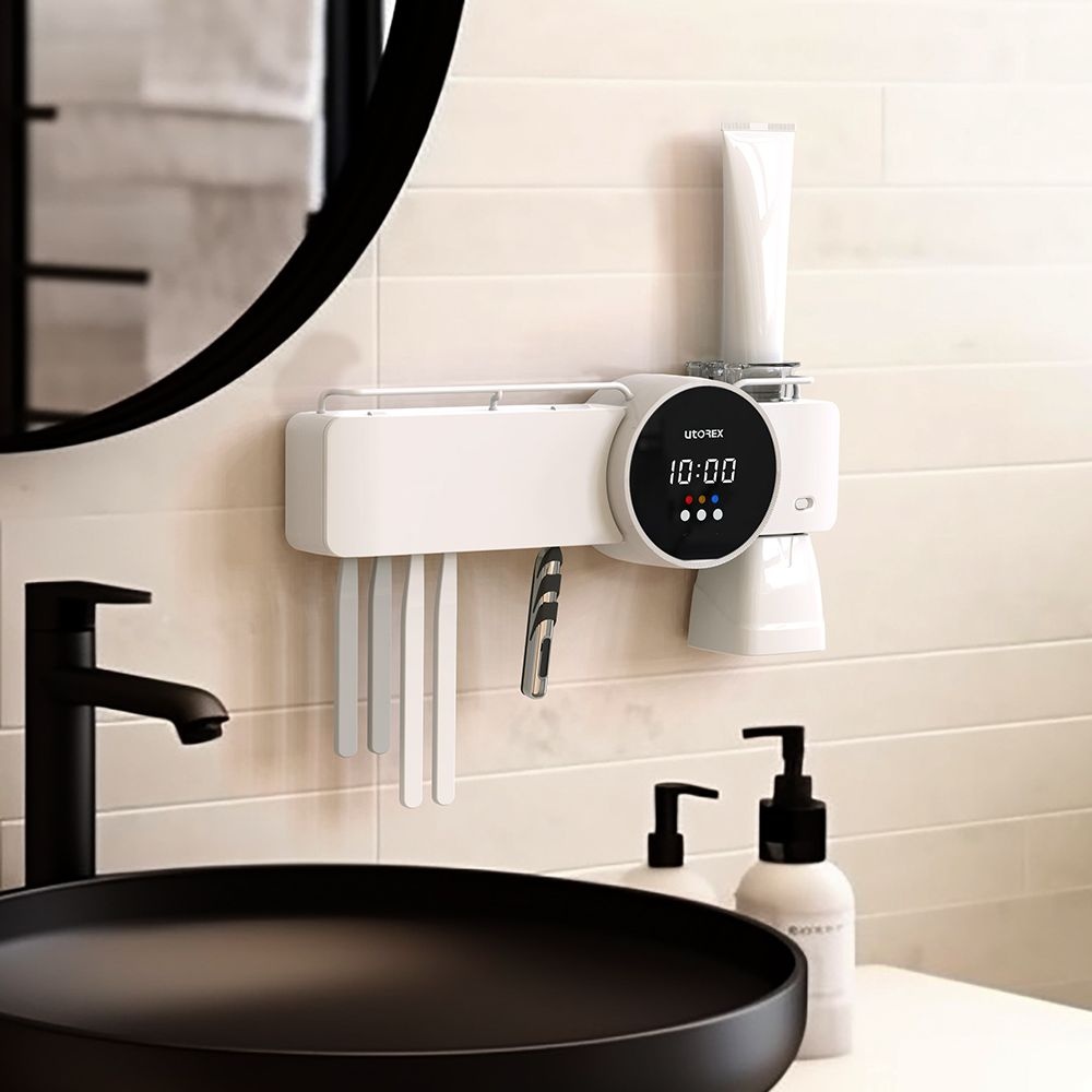 유토렉스 [롯데온특가] 유토렉스 무선 칫솔살균기 히팅살균건조 시계기능 USB충전 면도기살균 URT-127CHW