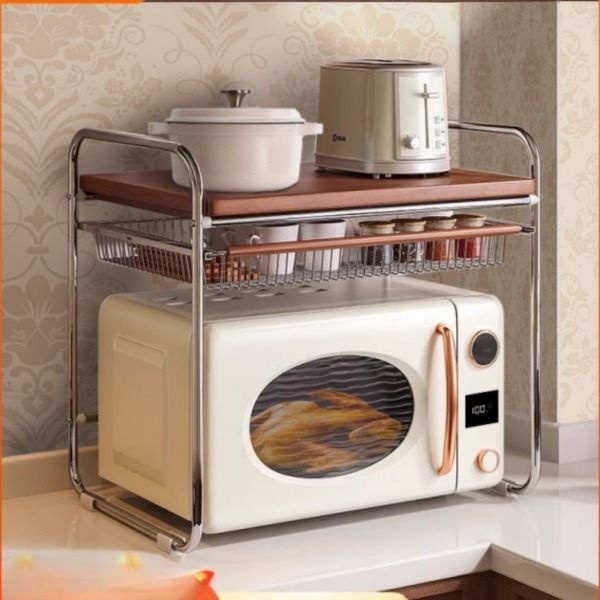 [해외] 전자레인지 선반 수납 소형 원목 발뮤다토스터기 밥솥 오븐 정리대 2단 렌지대