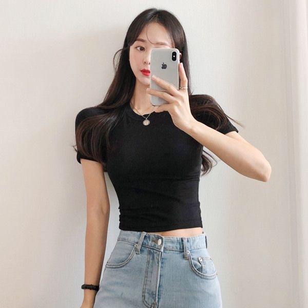 DRESSNALDA 드레스날다 [패션플러스][드레스날다]워너비 슬림스판 베이직 크롭 반팔 티셔츠(tee1179)