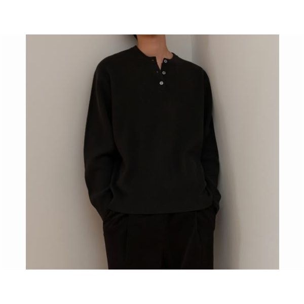 무신사 스탠다드 긴팔티 니트티 스웨터 [스토커즈 컬래버][빅토리아 울] 미니멀 리브드 헨리 넥 니트 [다크 그레