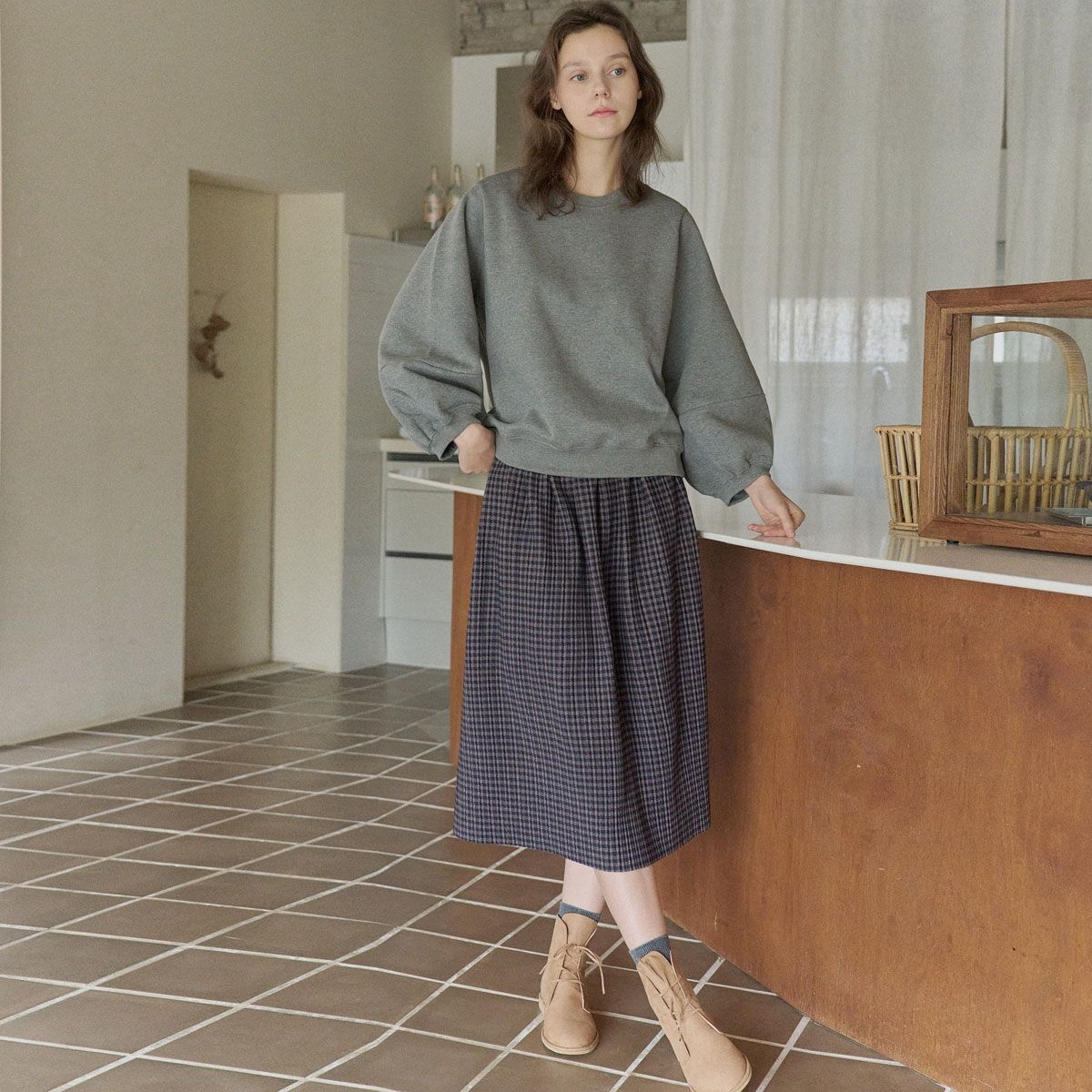 Check Pleated Banding Skirt - NAVY